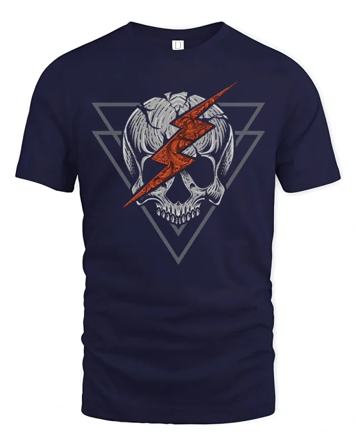 Vintage Skull Lightning Bolt Heavy Metal Soft Cotton Tshirt - navy t-shirt on white background