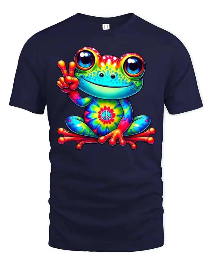 Cute Tie Dye Peace Sign Rainbow Frog Soft Cotton Tshirt - navy t-shirt on white background