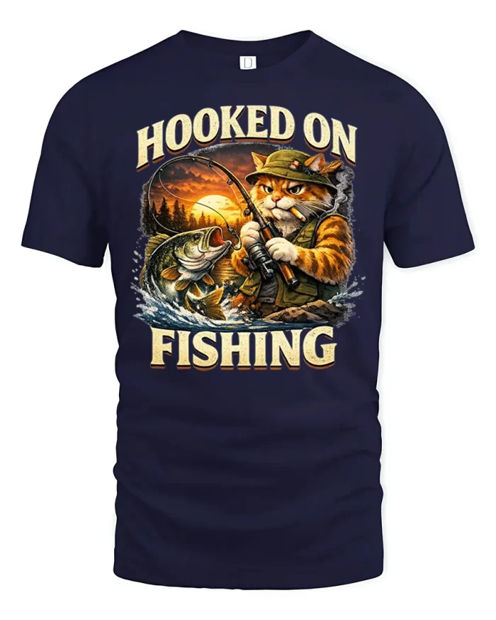 Funny Hooked On Fishing Fisherman Cat Soft Cotton Tshirt - navy t-shirt on white background