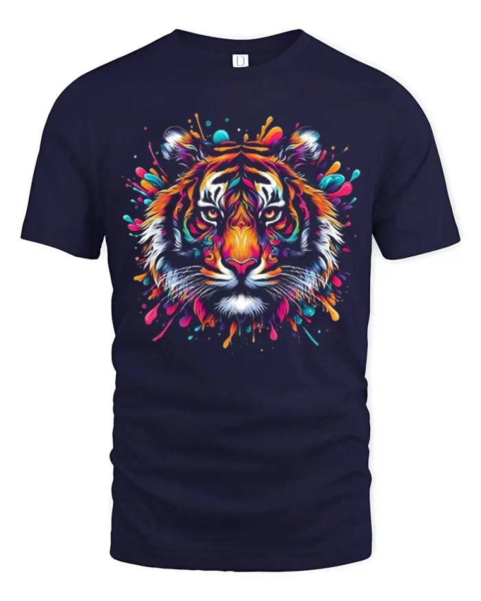 Vibrant Watercolor Tiger Face Paint Splash Soft Cotton Tshirt - navy t-shirt on white background