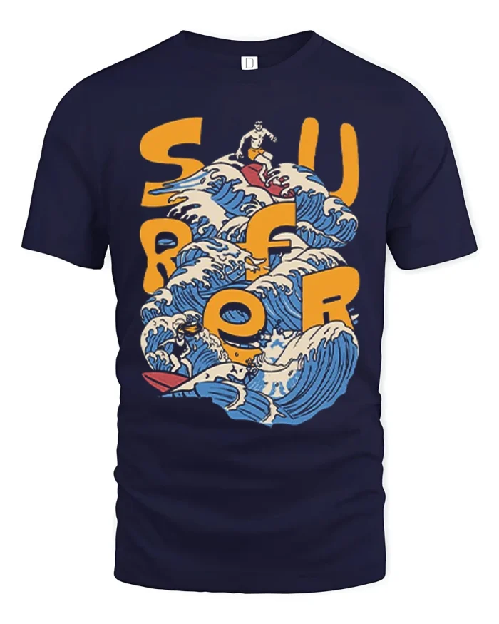Vintage Surfer Ocean Waves Graphic Soft Cotton Tshirt - navy t-shirt on white background