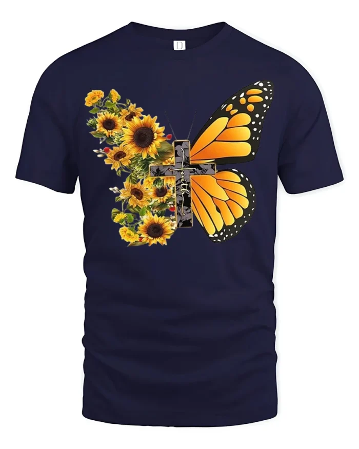 Faith Sunflower Monarch Butterfly Cross Soft Cotton Tshirt - navy t-shirt on white background