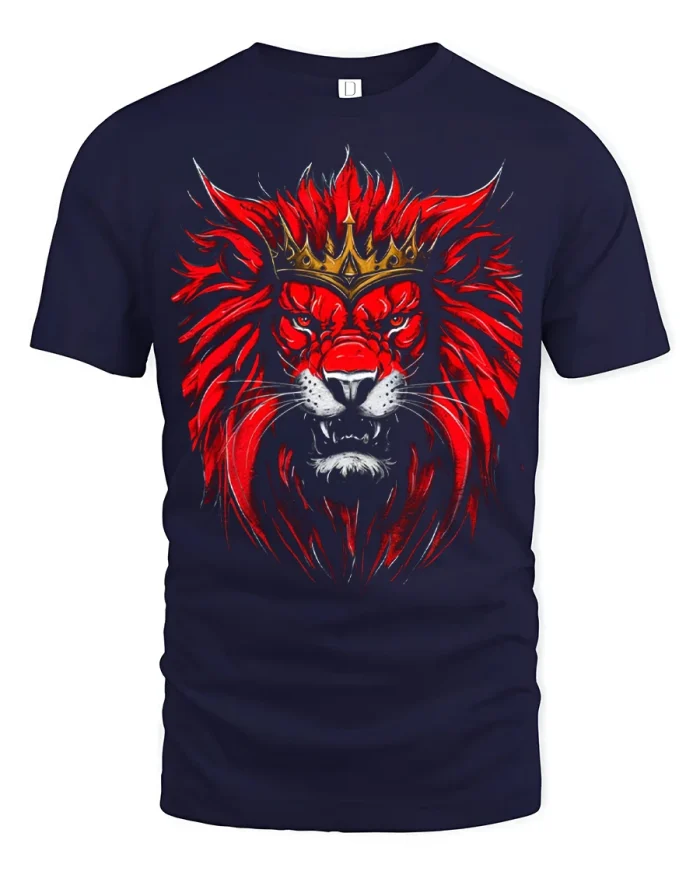 Fierce Red Mane Lion King Crown Graphic Soft Cotton Tshirt - navy t-shirt on white background