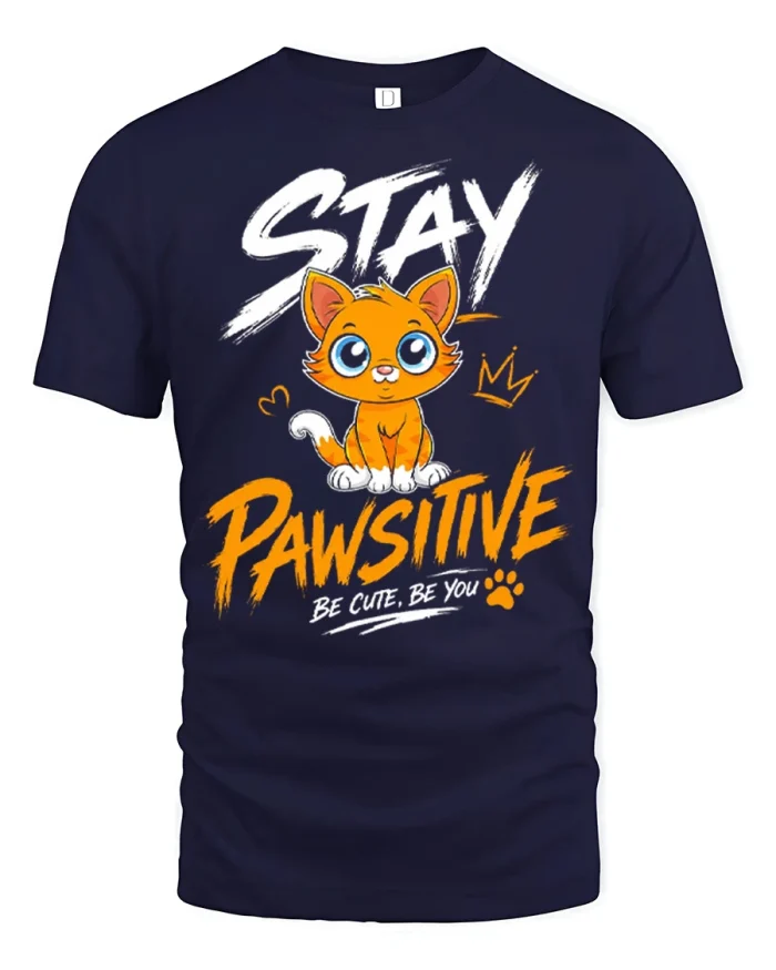 Funny Stay Pawsitive Cute Orange Cat Soft Cotton Tshirt - navy t-shirt on white background