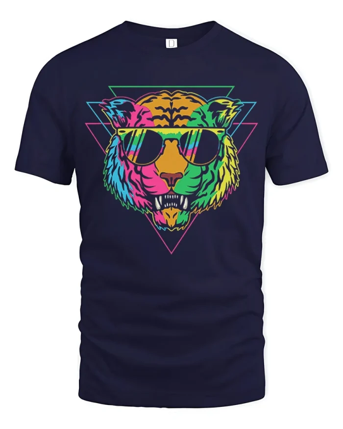 Neon Retro 80s Tiger Sunglasses Graphic Soft Cotton Tshirt - navy t-shirt on white background