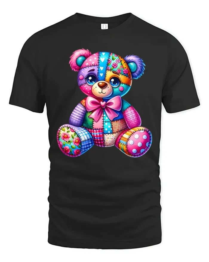 Cute Patchwork Teddy Bear Graphic Cotton T Shirt - black t-shirt on white background