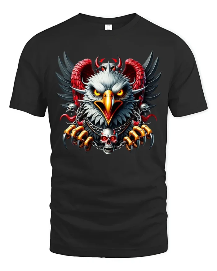 Badass Evil Biker Eagle Skull Chains Graphic Cotton Tee - black t-shirt on white background
