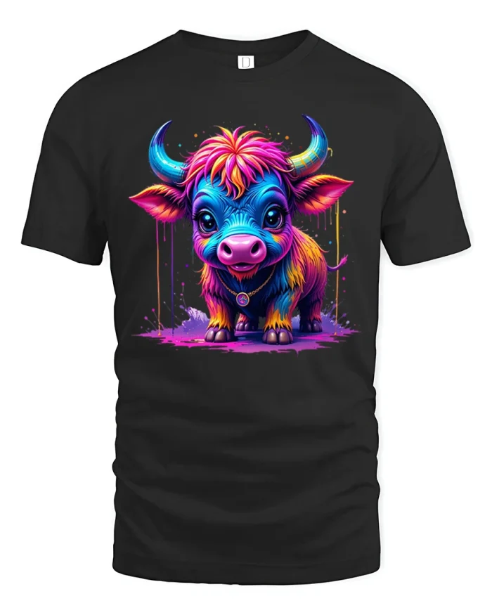 Cute Highland Cow Colorful Splash Graphic Soft Cotton Tee - black t-shirt on white background