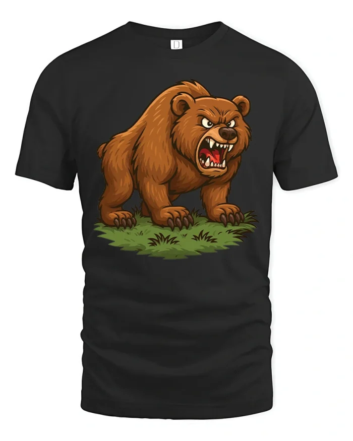 Angry Roaring Grizzly Bear Cartoon Soft Cotton T Shirt - black t-shirt on white background