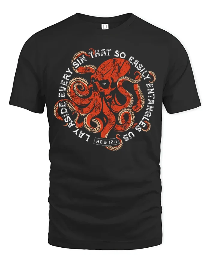 Hebrews 12 1 Kraken Octopus Christian Graphic Cotton Tee - black t-shirt on white background