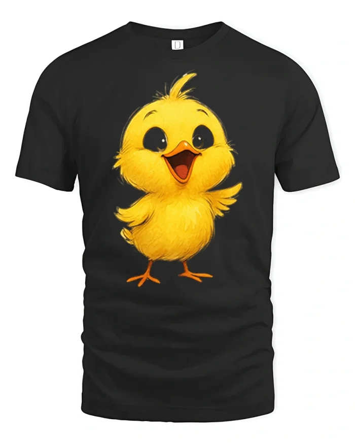 Cute Happy Yellow Baby Chick Graphic Soft Cotton Tee - black t-shirt on white background