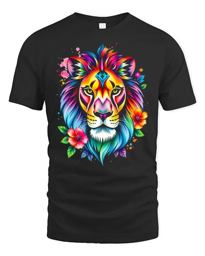 Colorful Floral Lion Head Graphic Soft Cotton Tee Shirt - black t-shirt on white background