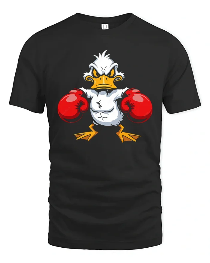 Angry Boxing Duck Funny Cartoon Graphic Soft Cotton Tee - black t-shirt on white background