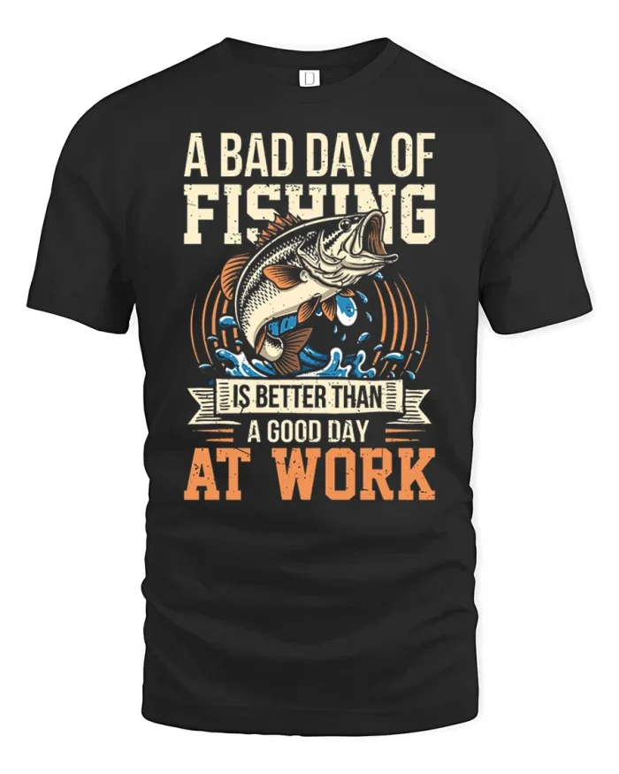 Funny Bad Day Of Fishing Bass Graphic Soft Cotton T Shirt - black t-shirt on white background