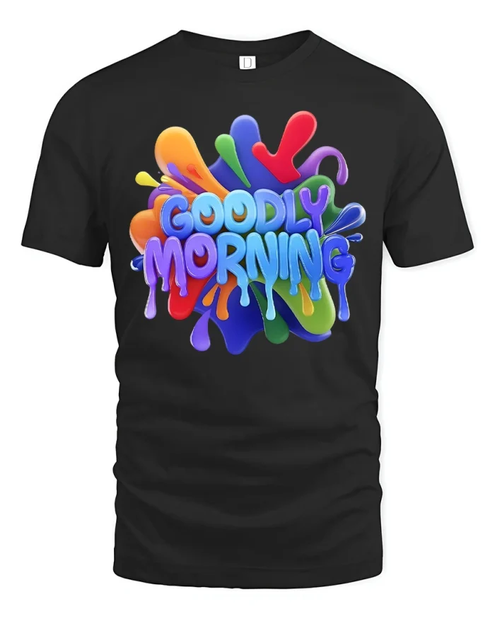 Colorful Goodly Morning Slime Graphic Soft Cotton Tee - black t-shirt on white background