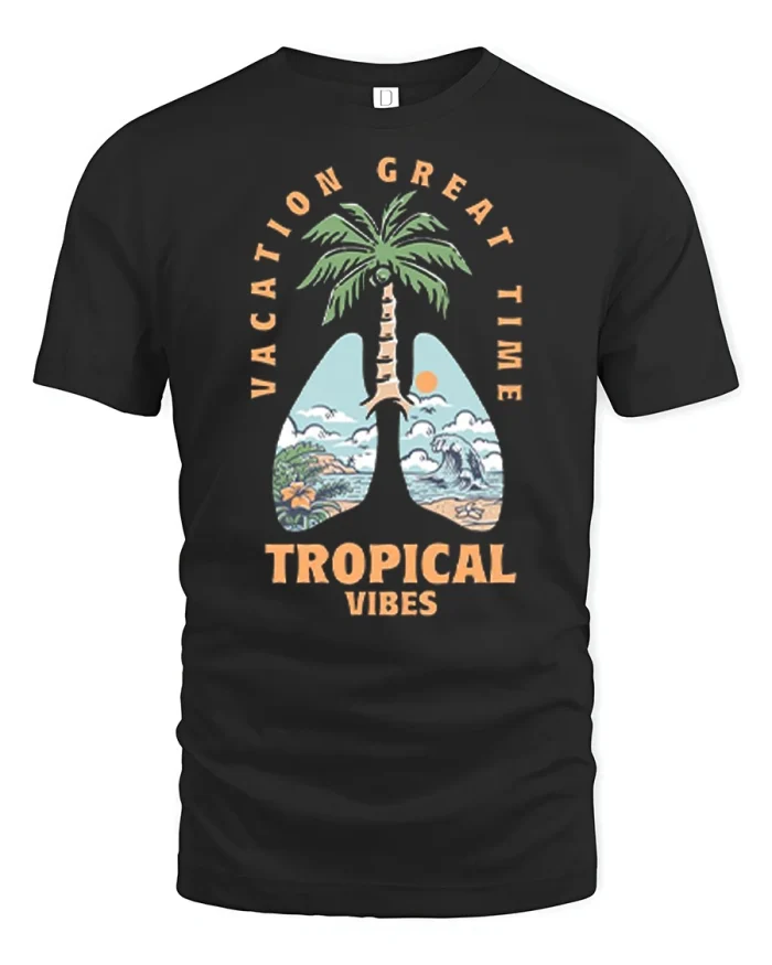 Tropical Vibes Beach Lungs Palm Tree Graphic Cotton Tee - black t-shirt on white background