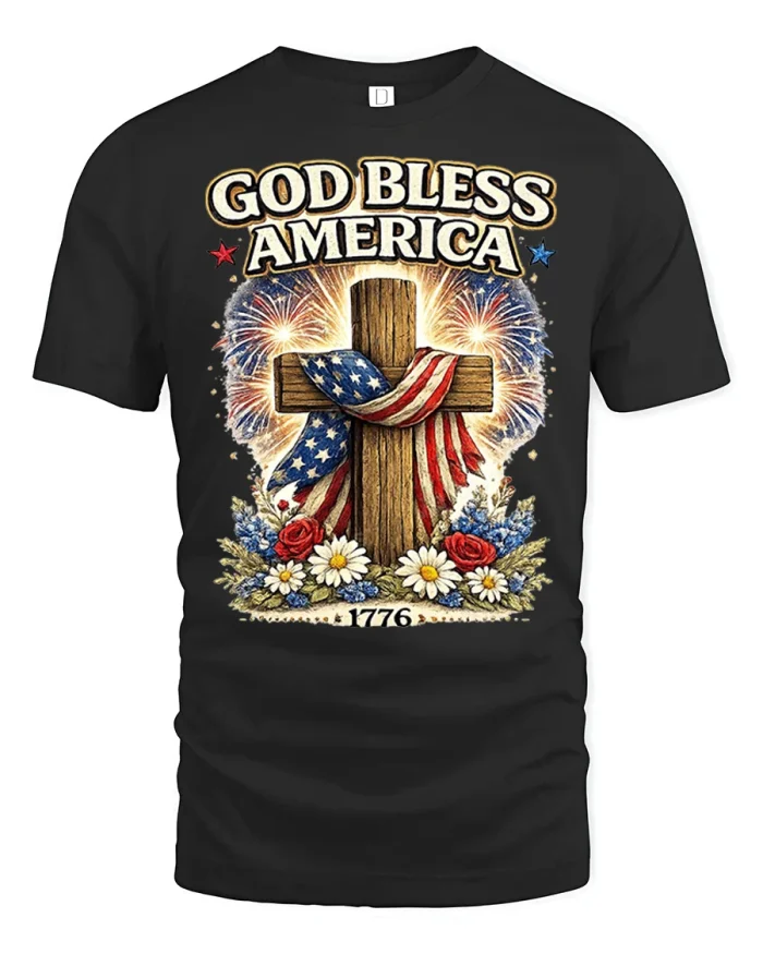 God Bless America Cross Patriotic Soft Cotton T Shirt - black t-shirt on white background