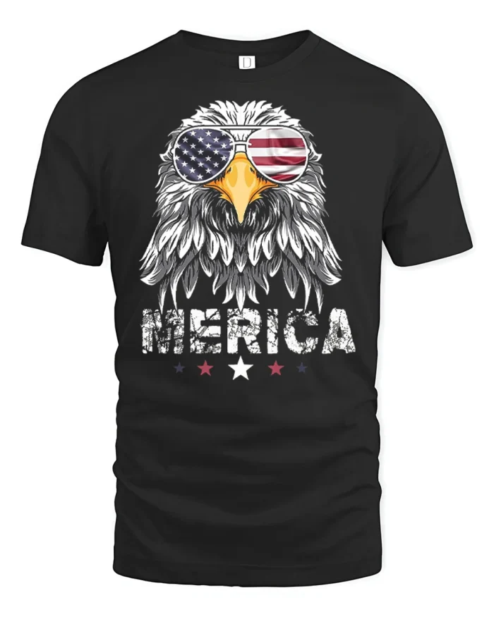 Cool Merica Bald Eagle Sunglasses Graphic Soft Cotton Tee - black t-shirt on white background