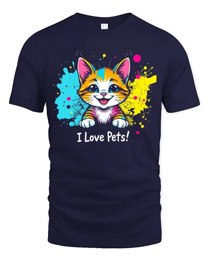 Cute I Love Pets Colorful Kitten Graphic Soft Cotton Tee - navy t-shirt on white background