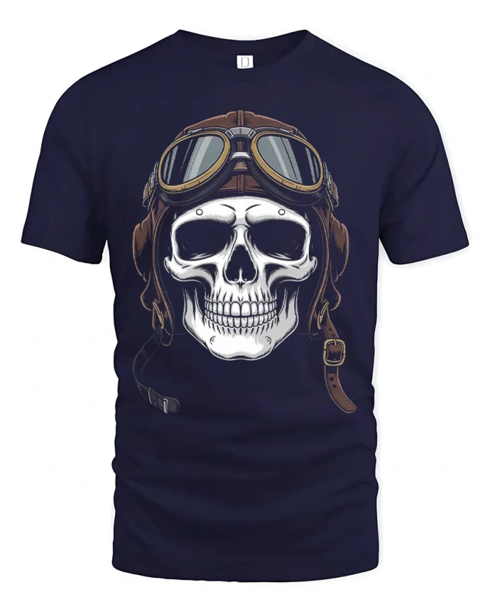 Vintage Pilot Skull Aviator Helmet Soft Cotton Graphic Tee - navy t-shirt on white background