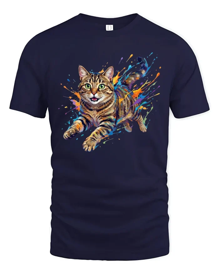 Vibrant Jumping Cat Colorful Paint Splatter Cotton Tee - navy t-shirt on white background