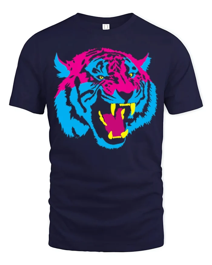 Retro Neon Roaring Tiger Head Graphic Soft Cotton Tee - navy t-shirt on white background