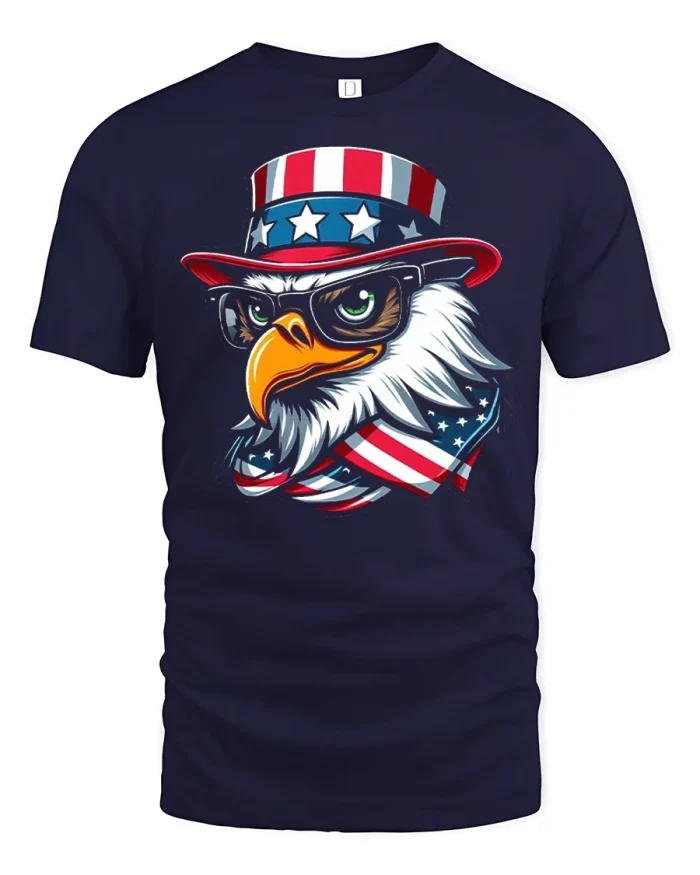Patriotic Uncle Sam Eagle Top Hat Graphic Soft Cotton Tee - navy t-shirt on white background