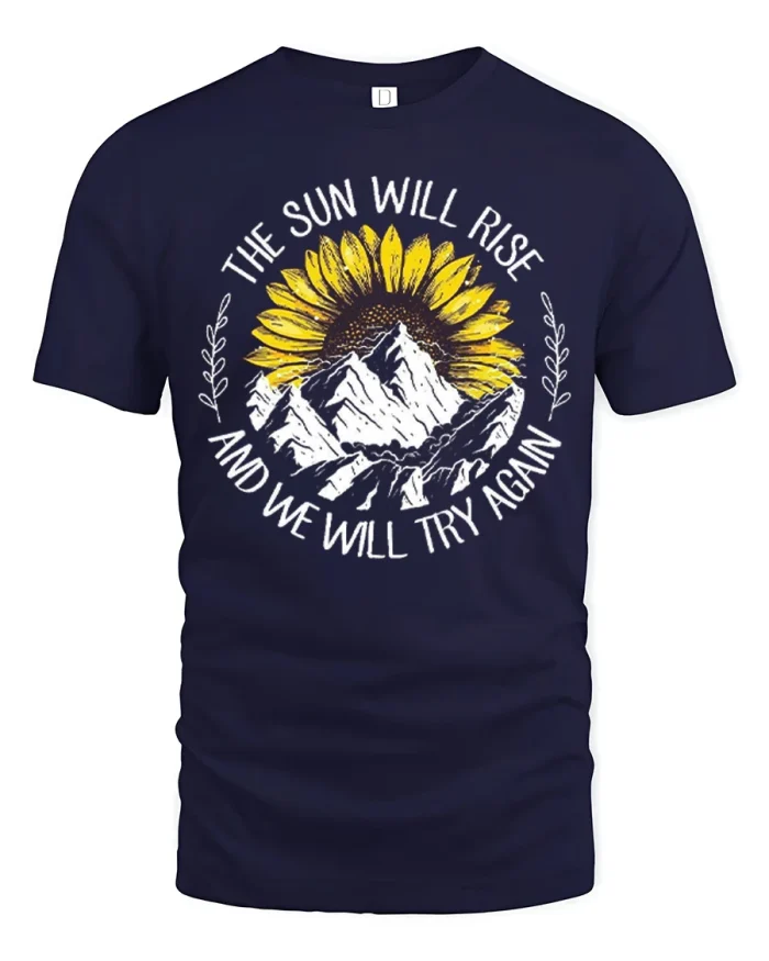 The Sun Will Rise Sunflower Mountain Graphic Soft Cotton Tee - navy t-shirt on white background