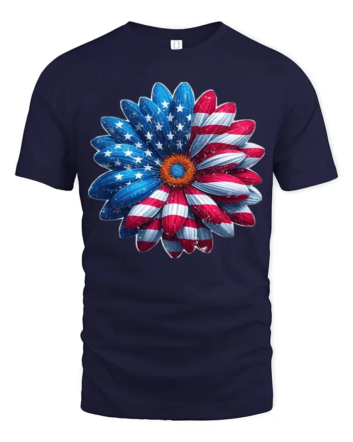 Patriotic American Flag Daisy Flower Soft Cotton Graphic Tee - navy t-shirt on white background