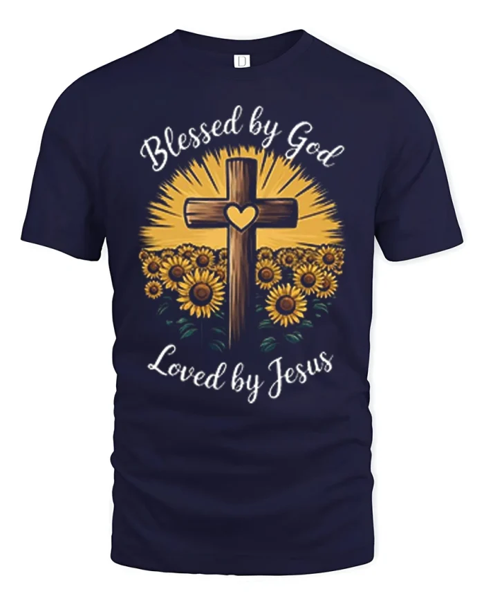 Blessed By God Loved By Jesus Sunflower Cross Cotton Tee - navy t-shirt on white background