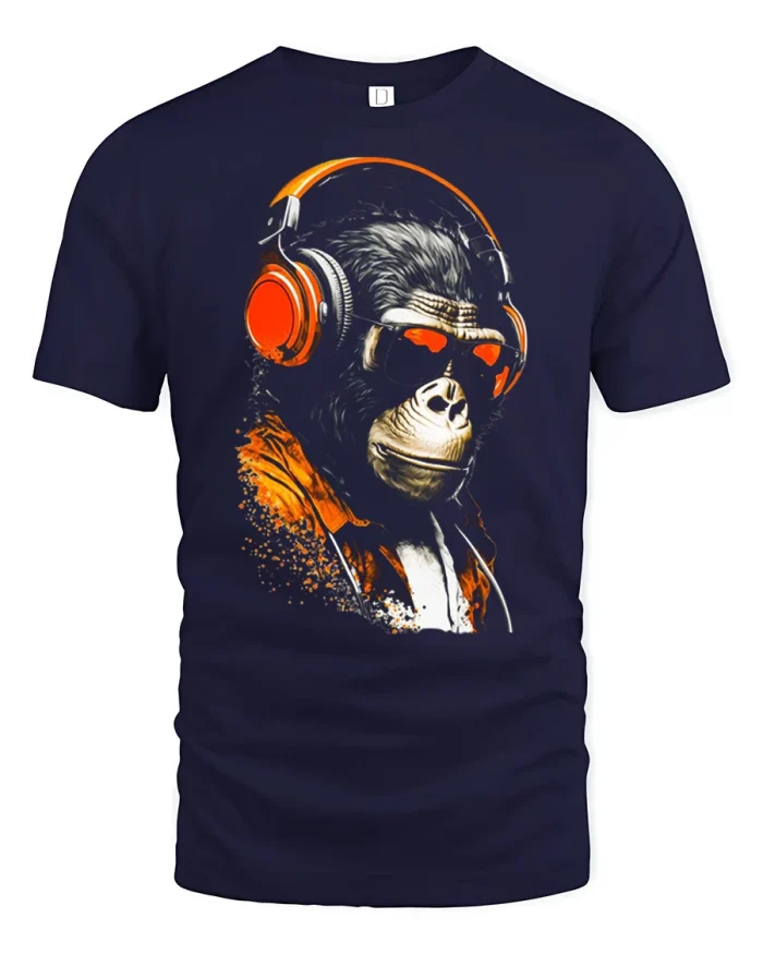 Cool DJ Chimpanzee Headphones Graphic Soft Cotton T Shirt - navy t-shirt on white background