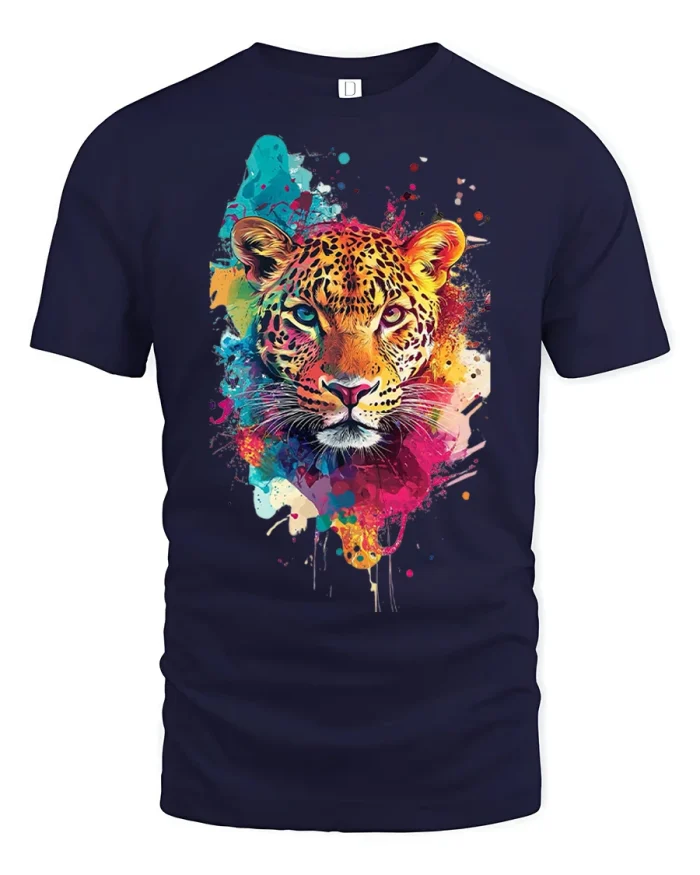 Vibrant Colorful Leopard Head Paint Splatter Cotton Tee - navy t-shirt on white background