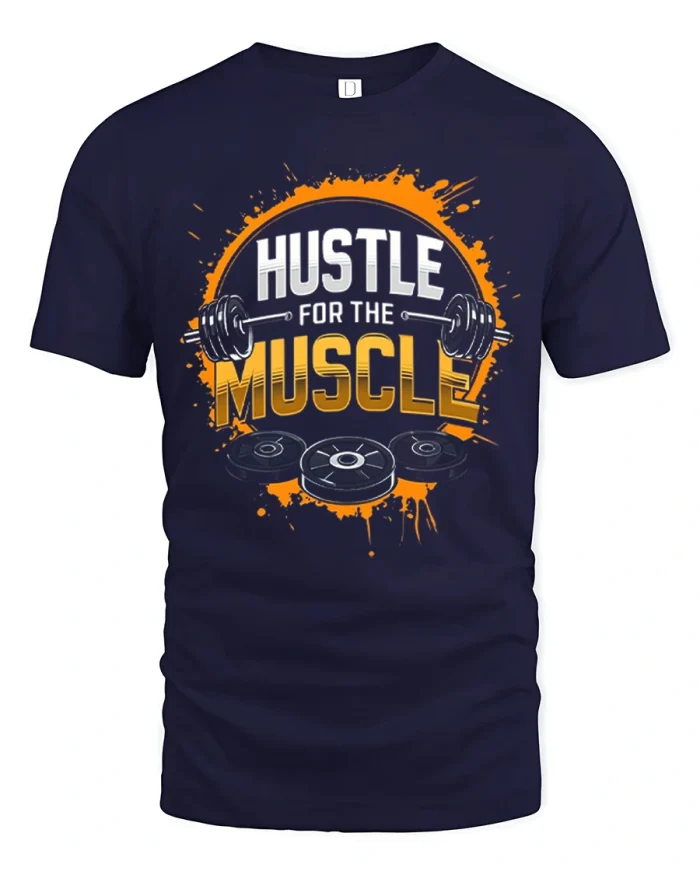 Hustle For The Muscle Gym Workout Graphic Soft Cotton Tee - navy t-shirt on white background