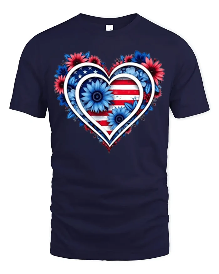 Patriotic American Flag Heart Floral Soft Cotton T Shirt - navy t-shirt on white background