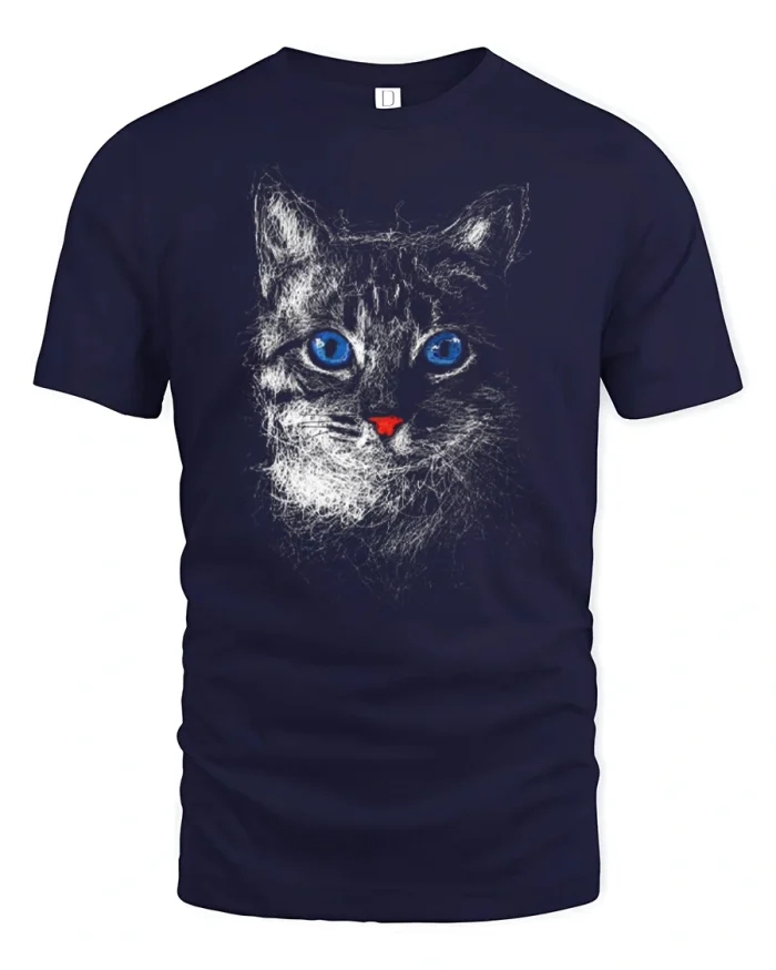 Sketch Cat Blue Eyes Graphic Soft Ringspun Cotton T Shirt - navy t-shirt on white background
