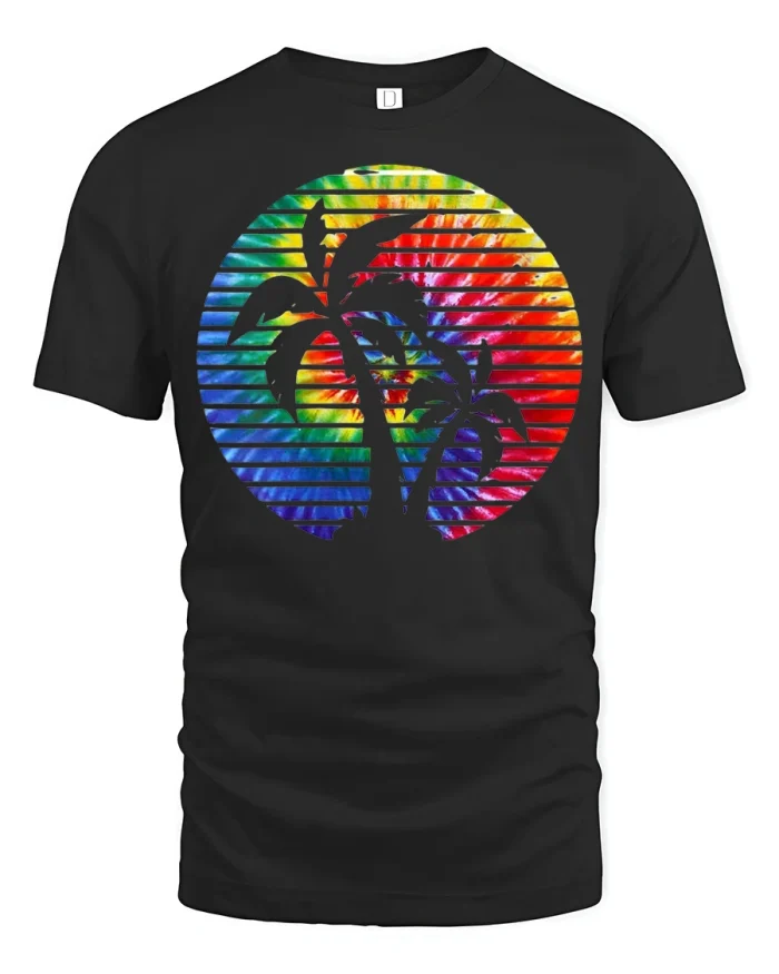 Groovy Palms Tie-Dye Tee: Retro Sunset Beach Vibe T-Shirt - black t-shirt on white background