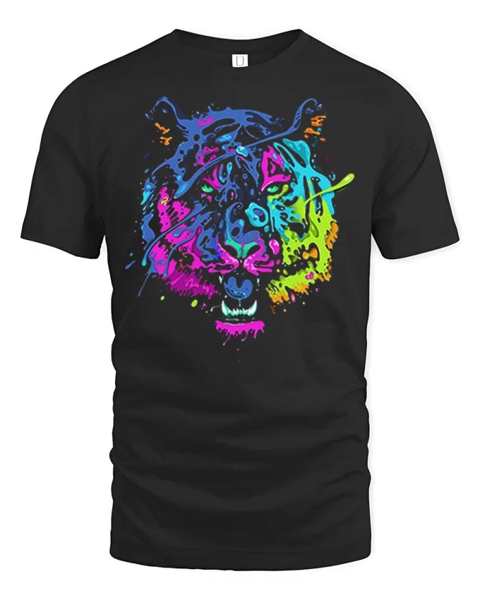 Vibrant Neon Tiger Splatter Art Graphic T-Shirt - black t-shirt on white background