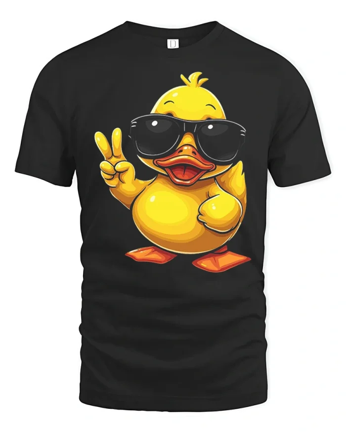 Cool Yellow Duck Wearing Sunglasses Peace Sign Graphic T-Shirt - black t-shirt on white background