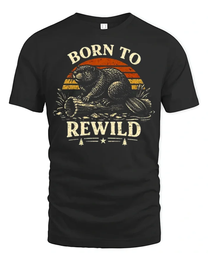 Born To Rewild Beaver Vintage Sunset Graphic T-Shirt - black t-shirt on white background