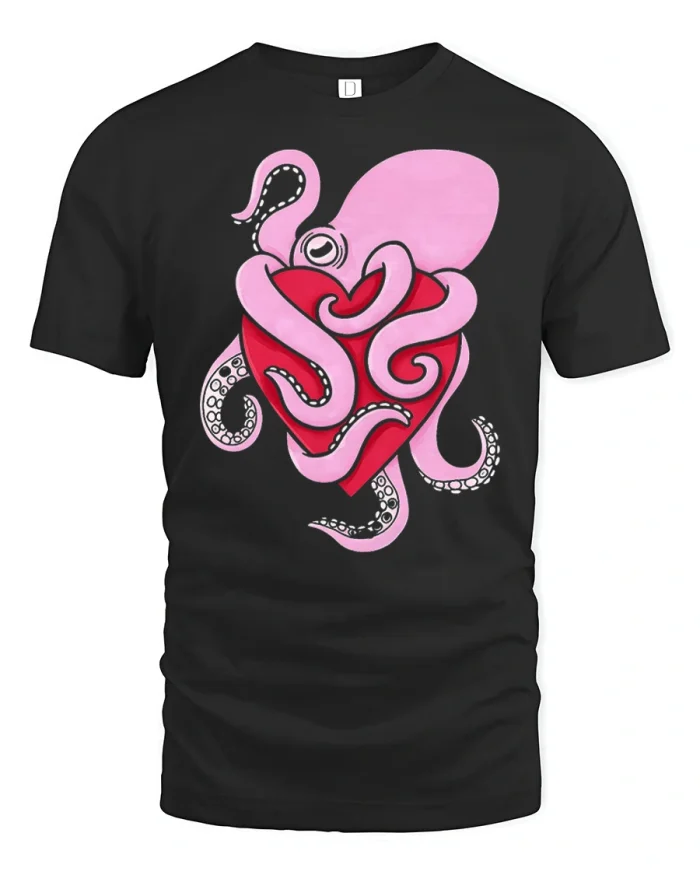 Cute Pink Octopus Hugging A Red Heart Graphic T-Shirt - black t-shirt on white background