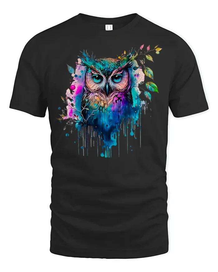 Vibrant Watercolor Owl Graphic Tee Colorful Bird T-Shirt - black t-shirt on white background