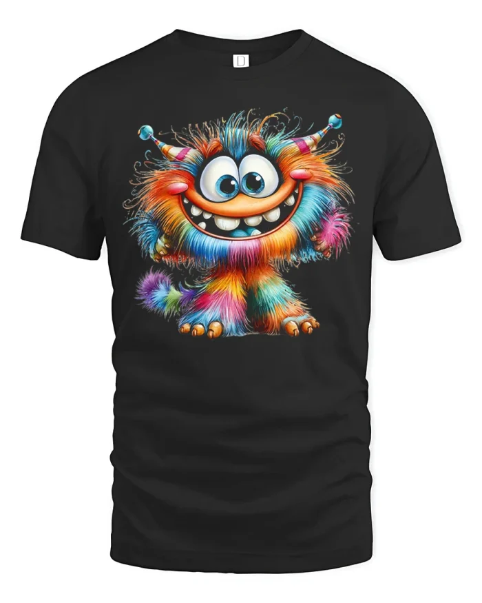 Cute Colorful Furry Monster Graphic T-Shirt - black t-shirt on white background