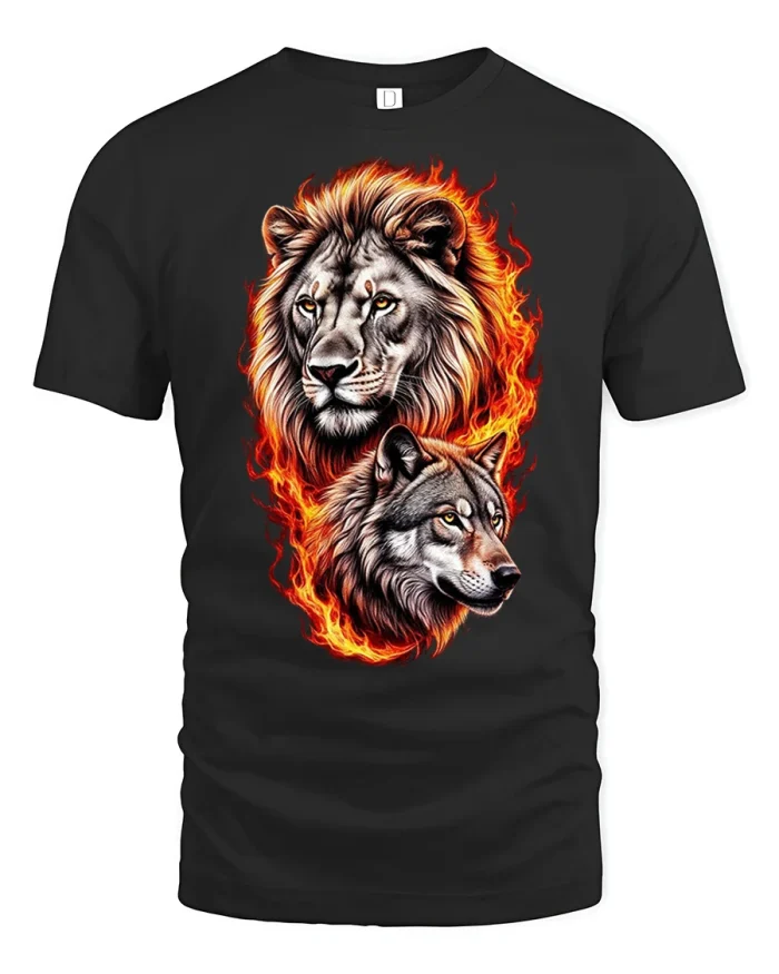 Fire Lion And Wolf Graphic Tee Wild Animal T-Shirt - black t-shirt on white background