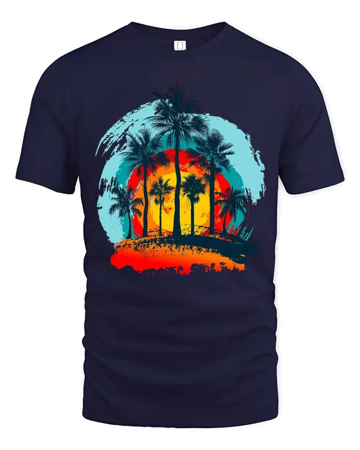 Retro Sunset Palm Trees Tropical Beach Graphic T-Shirt - navy t-shirt on white background