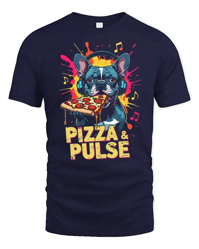Funny French Bulldog Eating Pizza Headphones Graphic T-Shirt - navy t-shirt on white background