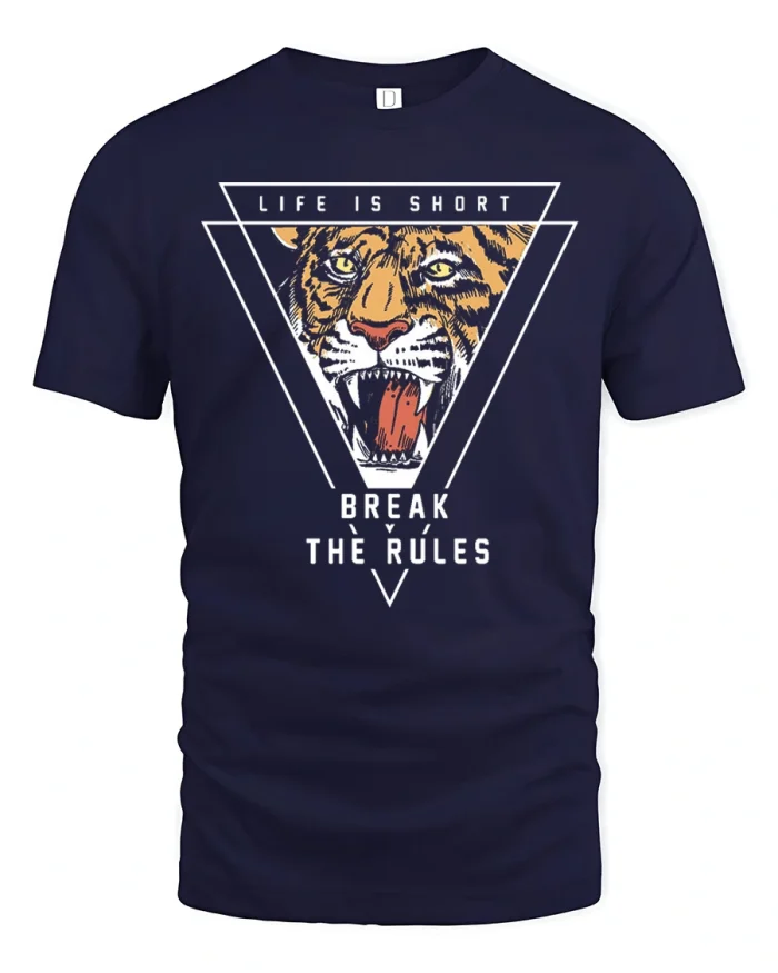 Life Is Short Break The Rules Tiger Graphic T-Shirt - navy t-shirt on white background