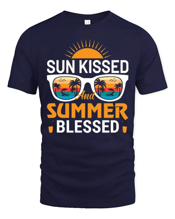 Sun Kissed And Summer Blessed Beach Vacation Graphic T-Shirt - navy t-shirt on white background