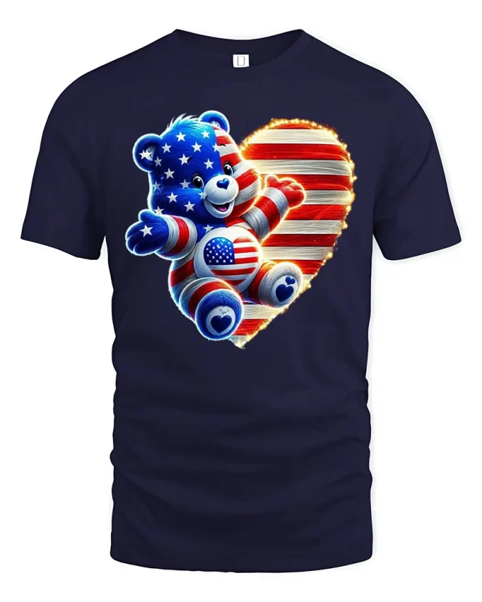 Patriotic American Flag Bear Heart Graphic T-Shirt - navy t-shirt on white background
