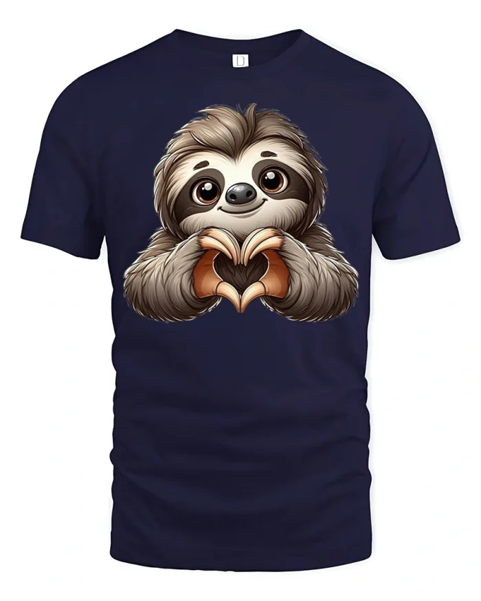 Cute Sloth Making Heart Hands Graphic T-Shirt - navy t-shirt on white background