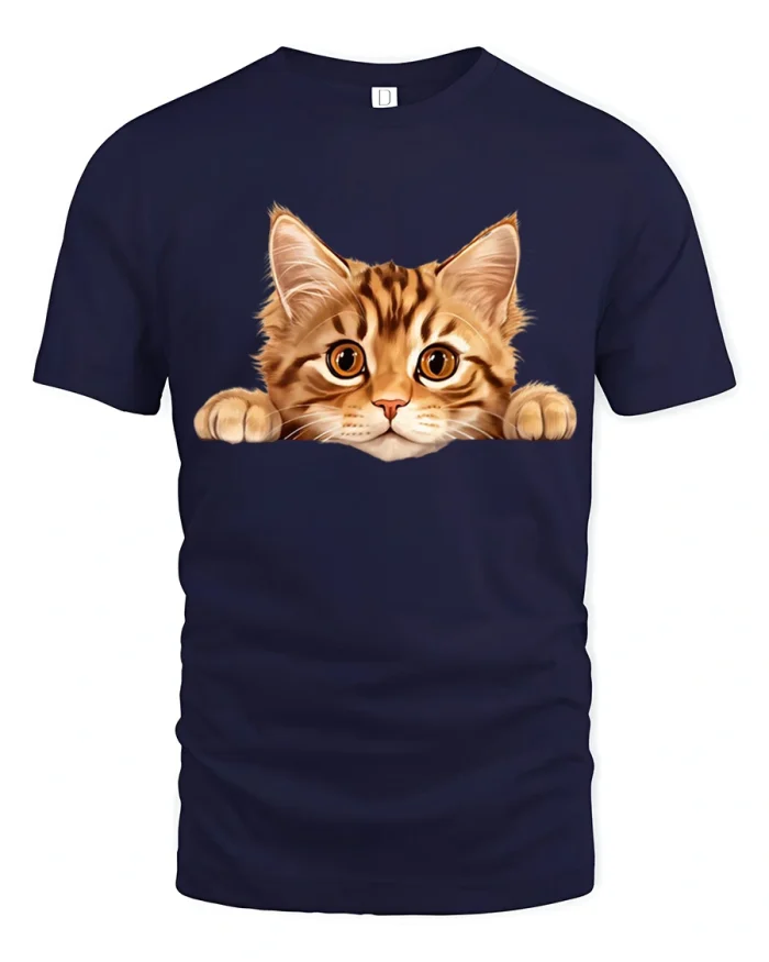 Cute Peeking Tabby Cat Graphic T-Shirt - navy t-shirt on white background